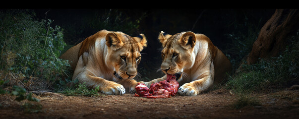 two majestic lions enjoy a meal together in their natural habitat, showcasing their predatory instin