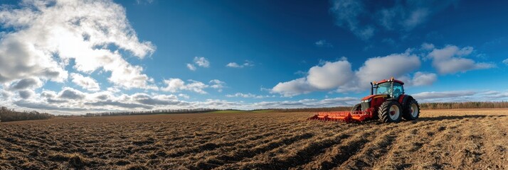 Aufkleber - Red tractor working in a plowed field under a bright blue sky on a sunny day. Generative AI