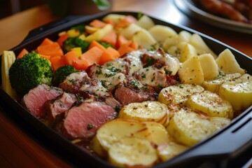 Swiss cheese dish with meat and veggies