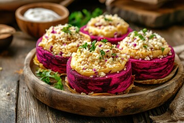 Wall Mural - Tasty Arabic dishes beetroot and cheese manakish served on a wooden board