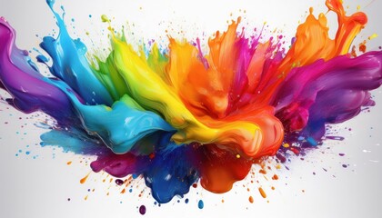 Poster - Vibrant Rainbow Paint Explosion Dynamic Splashes and Droplets on White Background, Showcasing a Colorful Artistic Spectacle at