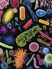 Fototapete - Exploring the diverse evolution of bacteria through vibrant microscopic imagery. Generative AI