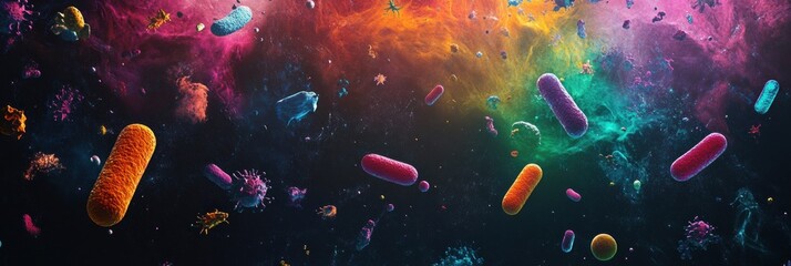 Leinwandbilder - Colorful array of bacteria and microbes suspended in a cosmic background showcasing microbial diversity and beauty. Generative AI