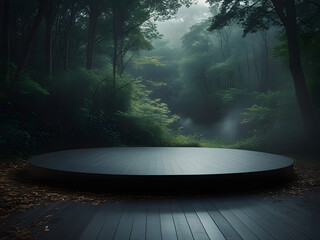 dark empty round polished wooden stage isolated on natural forest background