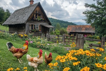 Poster - Chickens and rooster roam freely in a vibrant farmyard surrounded by colorful flowers and rustic wooden structures. Generative AI