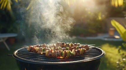 Delicious grilled skewers smoking on BBQ.