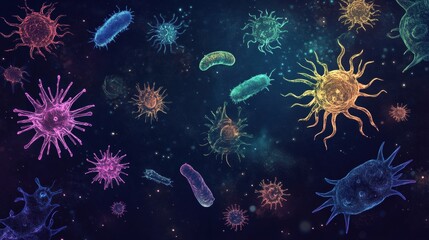 Leinwandbilder - Array of colorful bacteria and microbes in a cosmic environment showcasing intricate details and diverse shapes. Generative AI