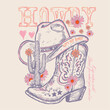 © Justin - vintage retro cow girl tee. cow girl cap. desert print design. girls graphic. Hand Drawn Cow Girls Boot. summer vector. cactus drawing. cow girl. print design.