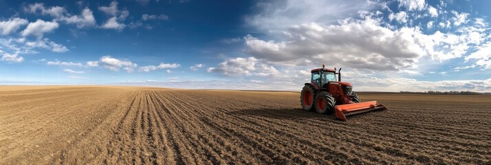 Aufkleber - Red tractor working on a plowed field under a blue sky with clouds in the countryside. Generative AI