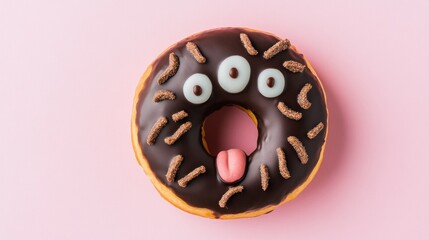 Poster - A chocolate glazed donut decorated with cereal, pink tongue, and three eyes, forming a funny face, on a pink background..