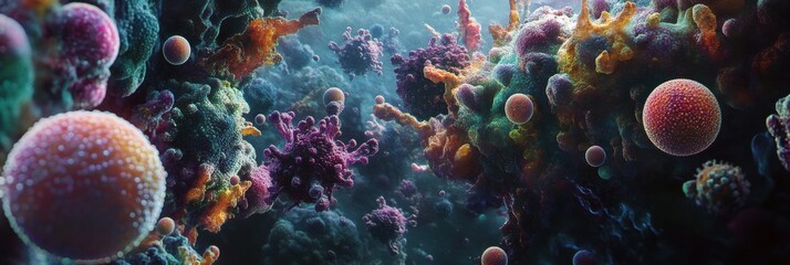 Fototapete - Array of diverse bacteria and microbes interacting in a vibrant, microscopic environment. Generative AI
