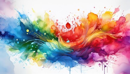 Poster - Vibrant Watercolor Splash Color Background Vector Illustration A Spectacular Rainbow Cascade on a White Canvas, Celebrating a Kaleidoscope of Colors and Artistic Expressiveness.