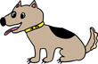 © Nata - funny cute friendly dog in a yellow collar with a spot on his back sits happily with his tongue hanging out