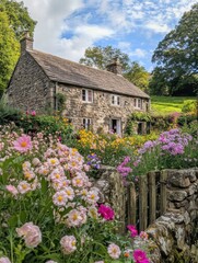 Poster - Cozy countryside house on a hill surrounded by colorful flowers and a charming stone fence during a sunny day. Generative AI
