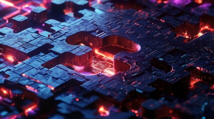 Poster - Abstract Digital Puzzle: Neon Glowing Circuitry