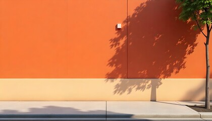 Leinwandbilder - Tree shadow on a terracotta red, brown, and beige house wall with an orange hue. Simple sidewalk exterior, perfect for product mockups or presentations with a natural touch