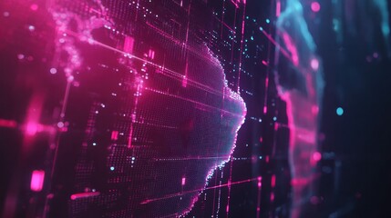 Poster - abstract digital world map: neon pink and teal data visualization