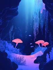a blue and purple underwater scene with a few mushrooms and fish