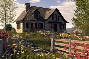 Poster - Cozy countryside house perched on a hill amidst vibrant flowers and a charming stone fence. Generative AI
