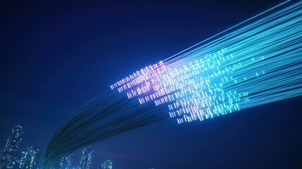 Poster - futuristic data stream over cityscape at night
