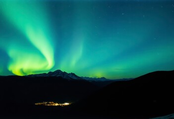vibrant northern lights grace the night sky above majestic mountains, creating a magical atmosphere 