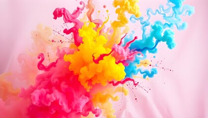 Leinwandbilder - A dynamic explosion of multicolored neon smoke and ink, resembling a burst of Holi paint. The abstract background scene features swirling clubs of vibrant colors