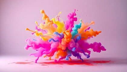 Leinwandbilder - A dynamic explosion of multicolored neon smoke and ink, resembling a burst of Holi paint. The abstract scene features swirling clubs of vibrant colors