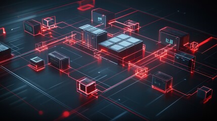 Poster - Abstract Network Data Center:  Digital Infrastructure, Red Glowing Lines, Servers, and Cubes