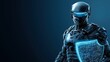 © happysunstock - A futuristic armored figure stands confidently, holding a luminous shield, emphasizing a blend of technology and defense in a sleek, dark environment.