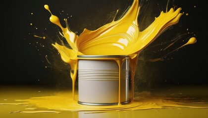 Poster - vibrant splash of yellow paint in stunning 3d rendering energy and creativity erupting from a can ag