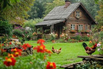 Poster - Chickens and roosters roam freely in a vibrant wooden farmyard surrounded by lush gardens and a rustic farmhouse. Generative AI