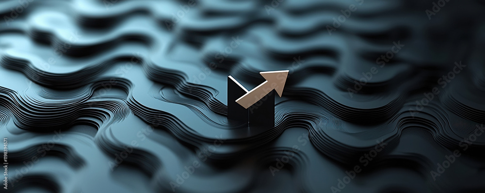 Metallic upward arrow emerging from abstract wave patterns, symbolizing ...