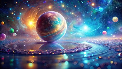 Wall Mural - a celestial sphere reflects in a cosmic puddle, surrounded by nebulae and distant planets, a vibrant