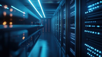 Poster - Futuristic Server Room: Blue Neon Lights Illuminate High-Tech Data Center