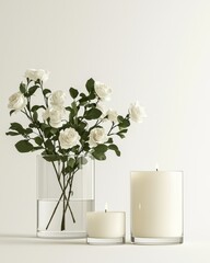 Poster - Elegant white roses and scented candles in minimalist setting clean composition soft lighting relaxation concept