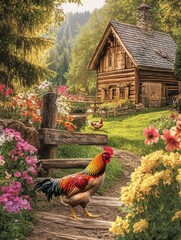 Poster - Colorful chickens and a rooster enjoy a sunny day in a rustic wooden farmyard filled with vibrant flowers and greenery. Generative AI