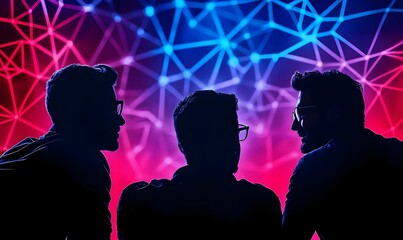 Poster - Abstract silhouettes of three figures against a vibrant backdrop, evoking a sense of unity and individuality in a dynamic composition.