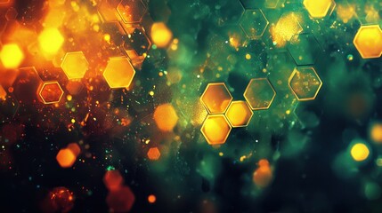Abstract hexagon pattern with glowing lights and bokeh effect.