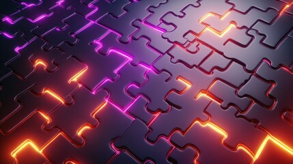 Poster - Abstract Puzzle Neon Glow:  Interlocking Puzzle Pieces with Vibrant Purple and Orange Neon Lights