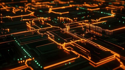 Poster - Abstract Futuristic Circuit Board: Glowing Orange and Teal Digital Network