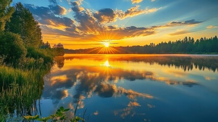 Wall Mural - Golden Sunrise over Serene Lake