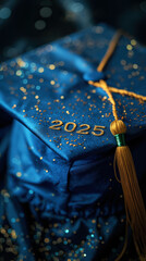 Wall Mural - graduation cap with blue and gold theme showcasing 2025 in sparkling background for future graduates