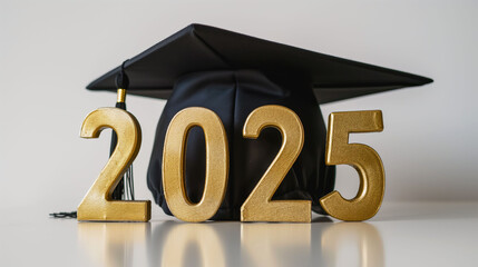 Wall Mural - celebrating graduation achievements with gold text 2025 and black cap on a clean white background