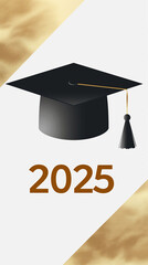 Wall Mural - simple black and gold graduation cap icon with 2025 displayed on a white gradient background