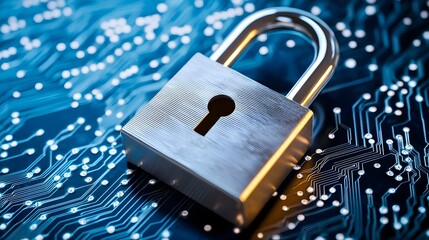 Poster - Silver padlock representing data security, encryption symbol, secure information management, safeguarding digital assets, protection against cyber threats.