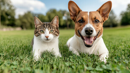 Sticker - dog and cat happily playing together in green field