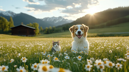 Sticker - dog and cat happily playing in field of wildflowers at sunset