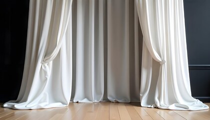 Leinwandbilder - A luxurious backdrop featuring elegant white curtains, a wooden floor, and a contrasting black wall, accented with soft, bright, and light tones