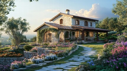 Poster - Cozy countryside house on a hill surrounded by colorful flowers and a charming stone fence in the late afternoon light. Generative AI