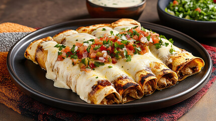 Poster - Delicious chicken enchiladas topped with cheese and fresh salsa